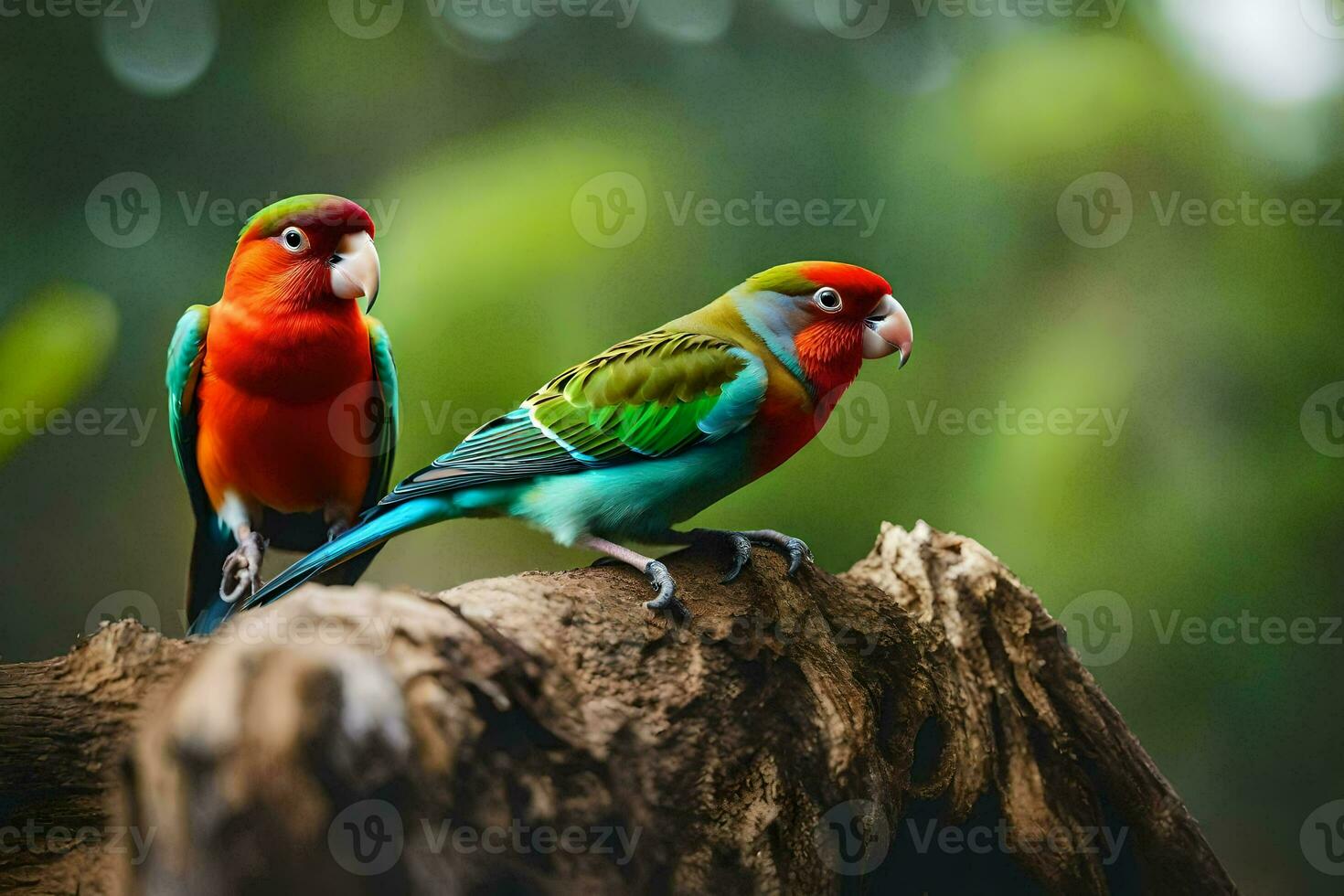 two colorful birds sitting on a branch. AI-Generated photo