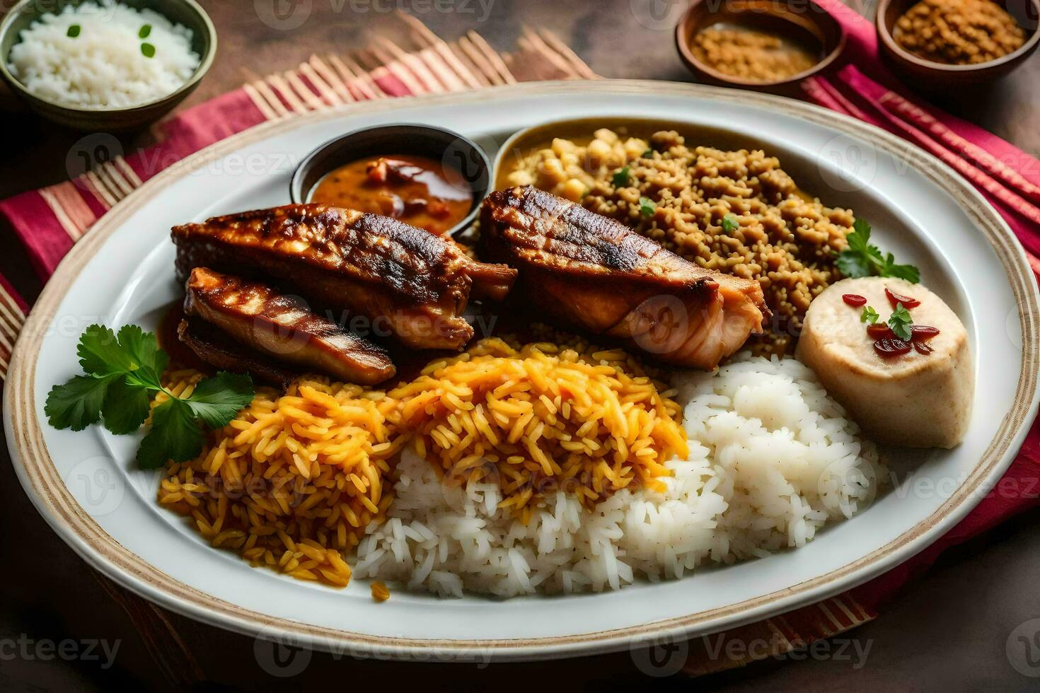 a plate of rice, chicken and rice with sauce. AI-Generated photo