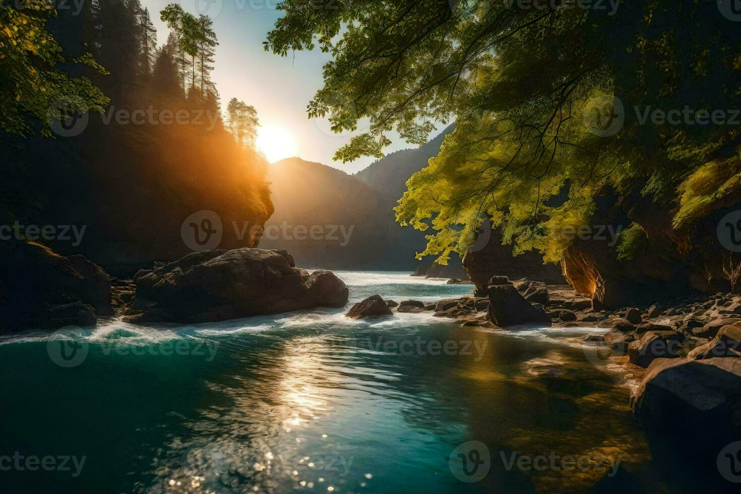 the sun shines over a river in the mountains. AI-Generated photo