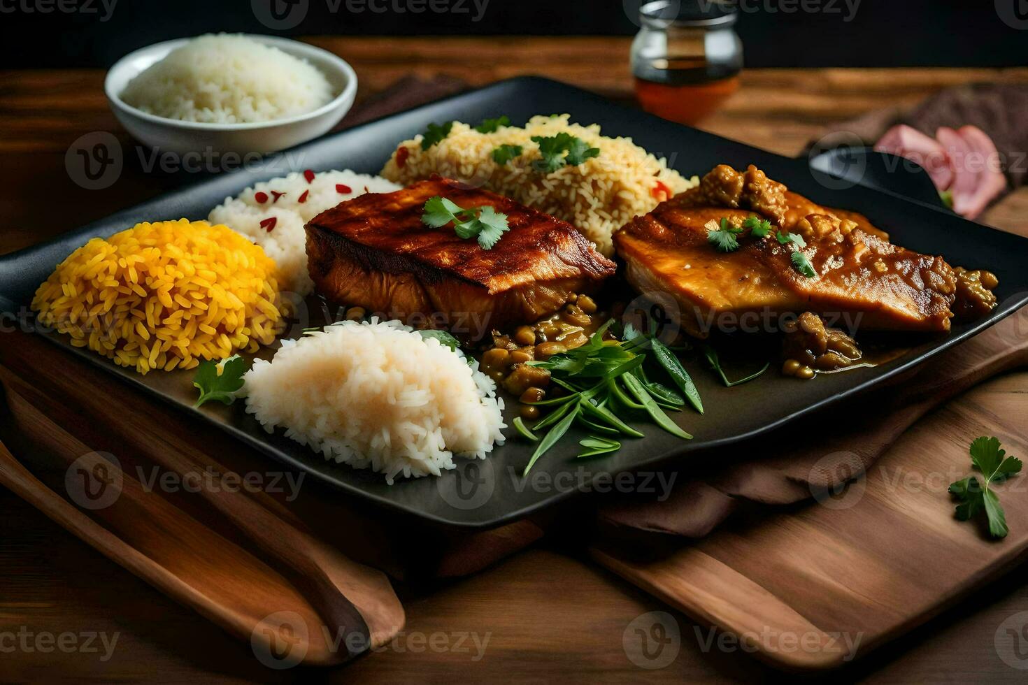 a plate of food with rice, meat and vegetables. AI-Generated photo