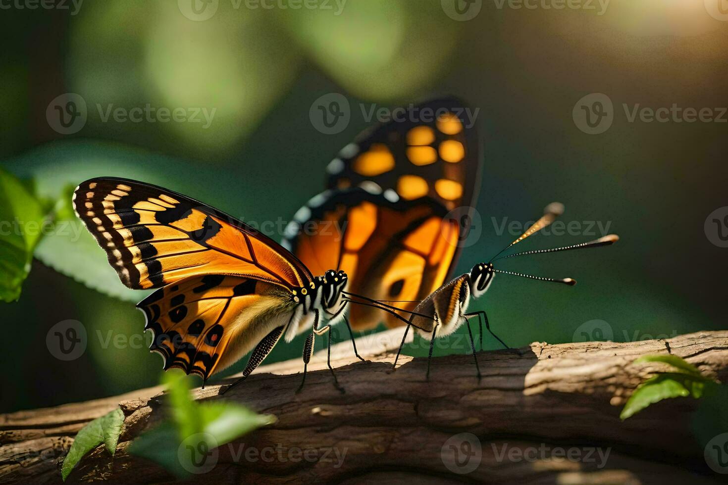 two butterflies are sitting on a branch. AI-Generated photo
