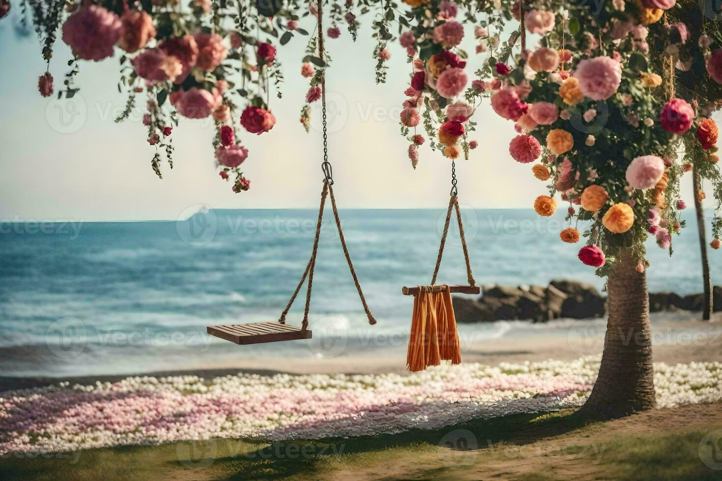 a swing hanging from a tree with flowers. AI-Generated photo
