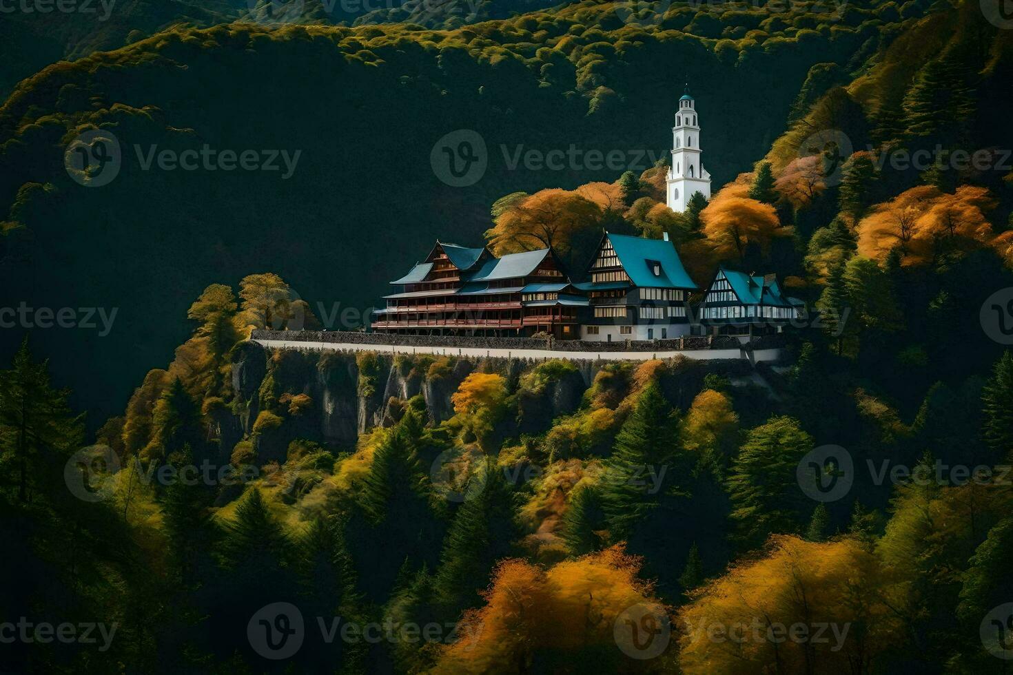 a church on top of a mountain surrounded by trees. AI-Generated photo