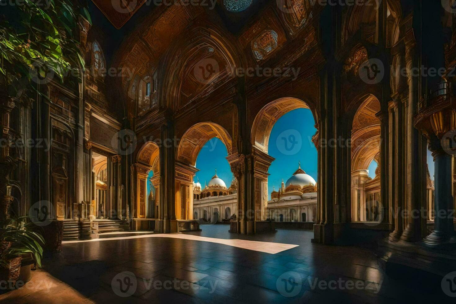 the inside of a large building with arches and pillars. AI-Generated photo