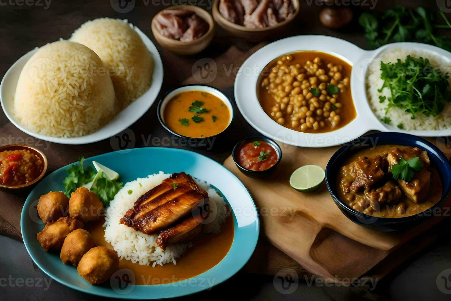 a variety of dishes including rice, meat and vegetables. AI-Generated photo