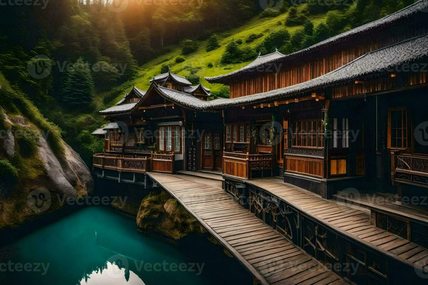 a wooden bridge leads to a small pond in the mountains. AI-Generated photo