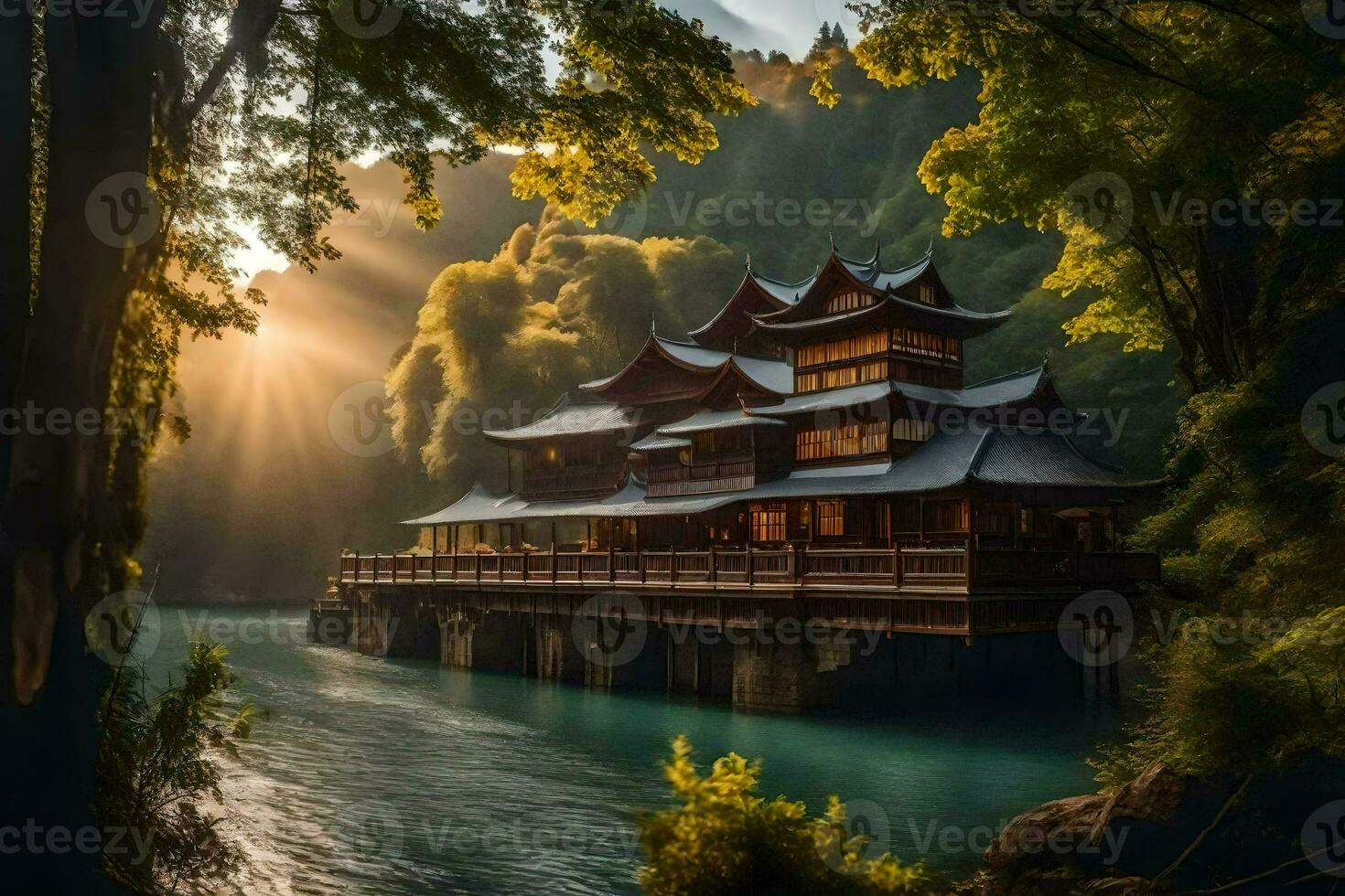 a japanese temple is seen in the sun. AI-Generated photo