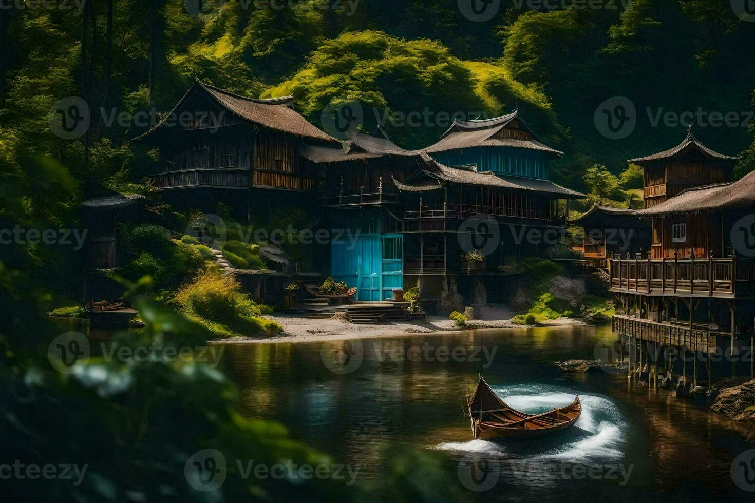 a boat is floating down a river in front of a house. AI-Generated photo