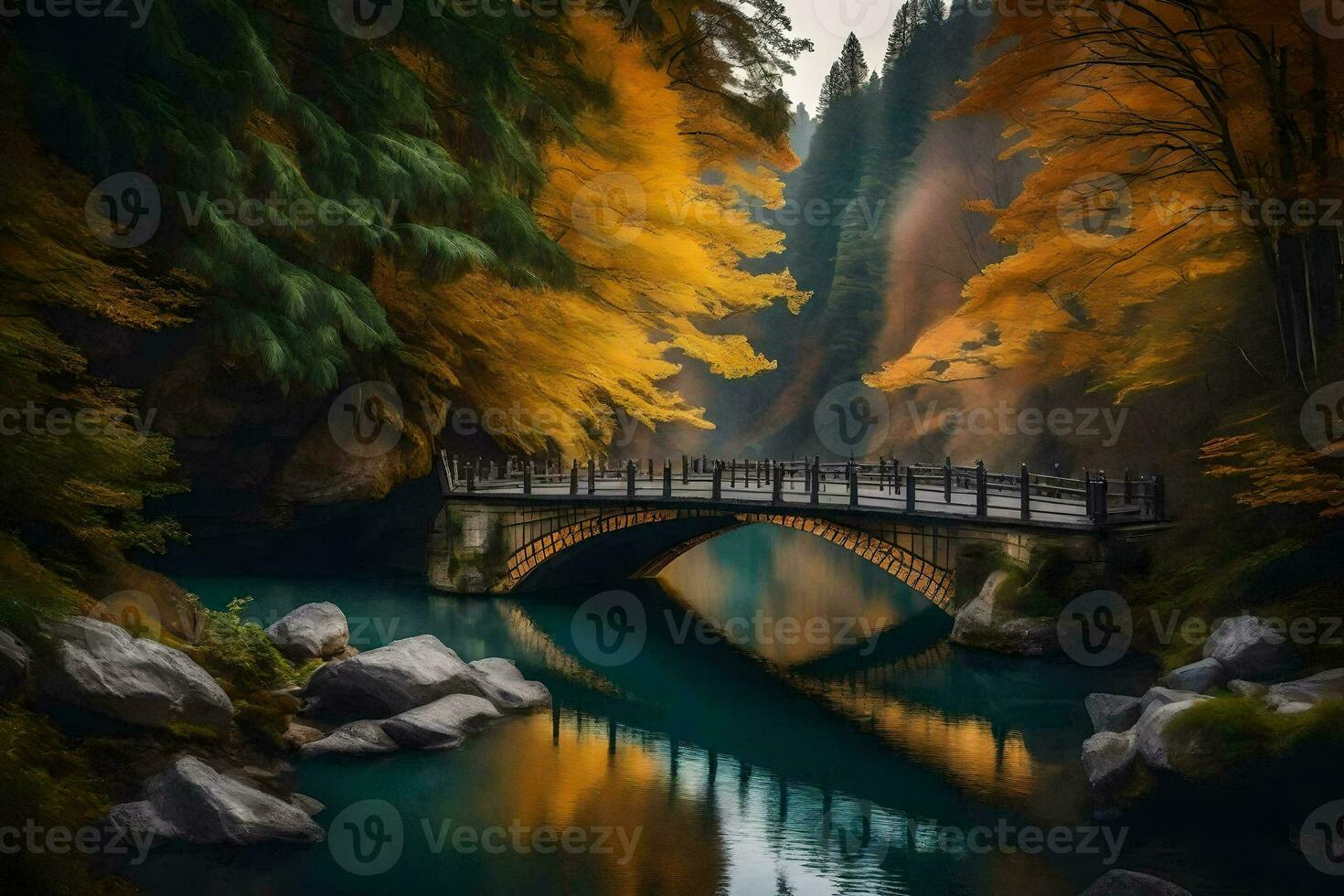 un puente terminado un río en el bosque. generado por ai foto
