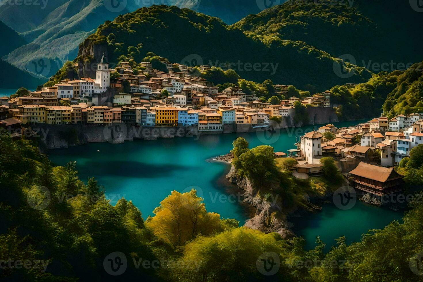 the village of person is surrounded by mountains and water. AI-Generated photo