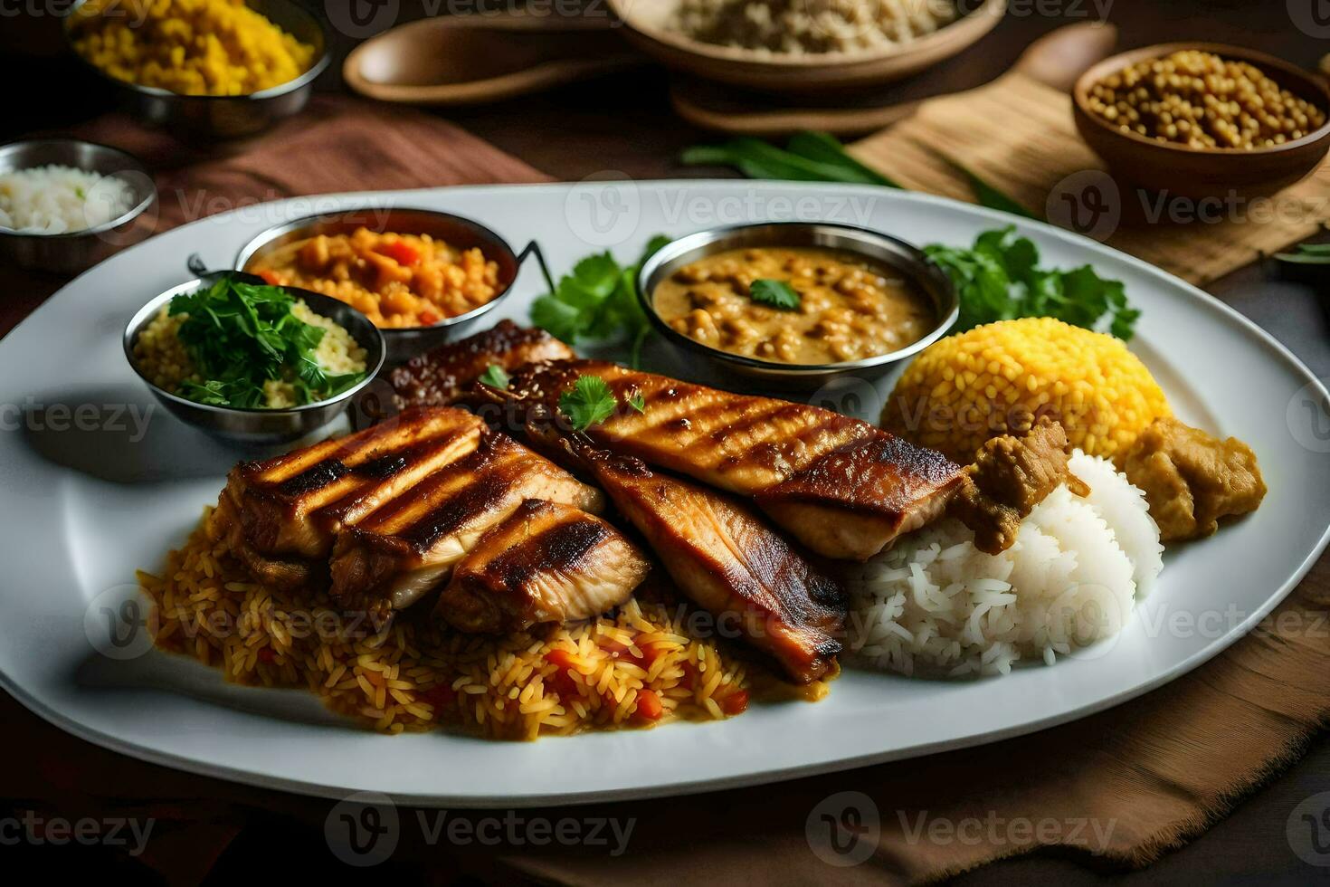 a plate of food with rice, meat and vegetables. AI-Generated photo