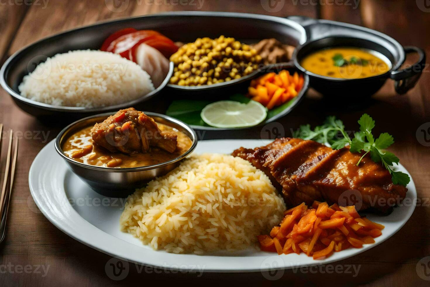 a plate of indian food with rice, vegetables and meat. AI-Generated photo