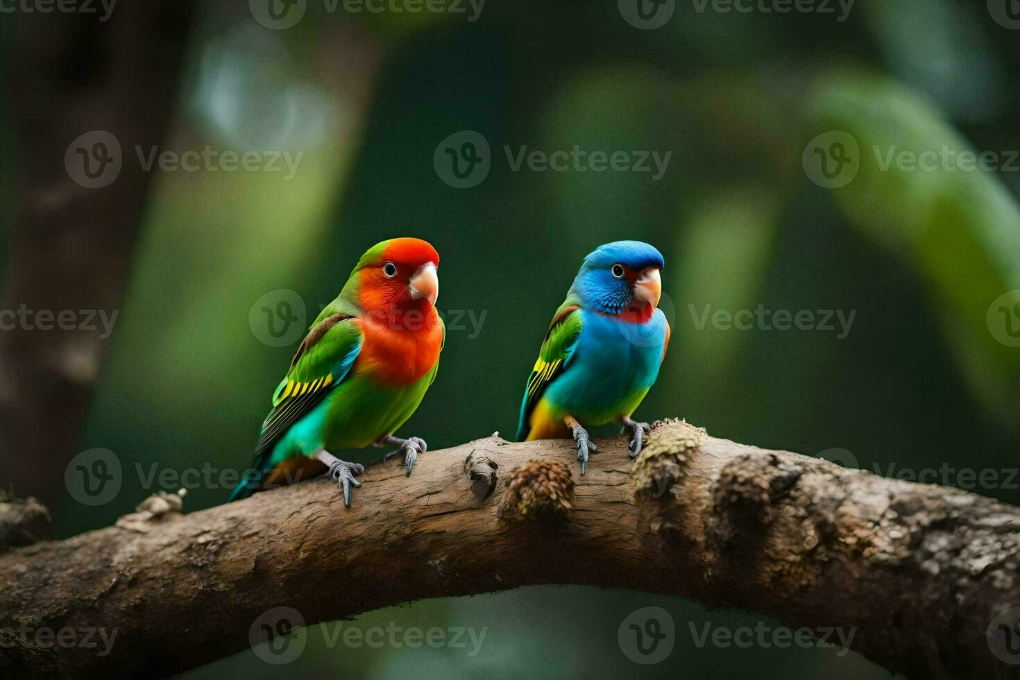 dos vistoso aves sentado en un rama. generado por ai foto