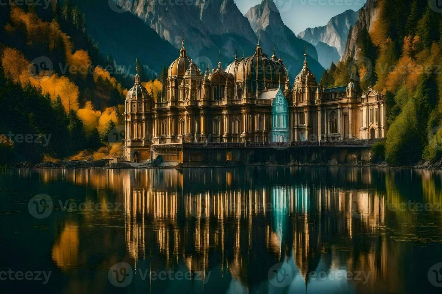 a beautiful building sits on the shore of a lake. AI-Generated photo