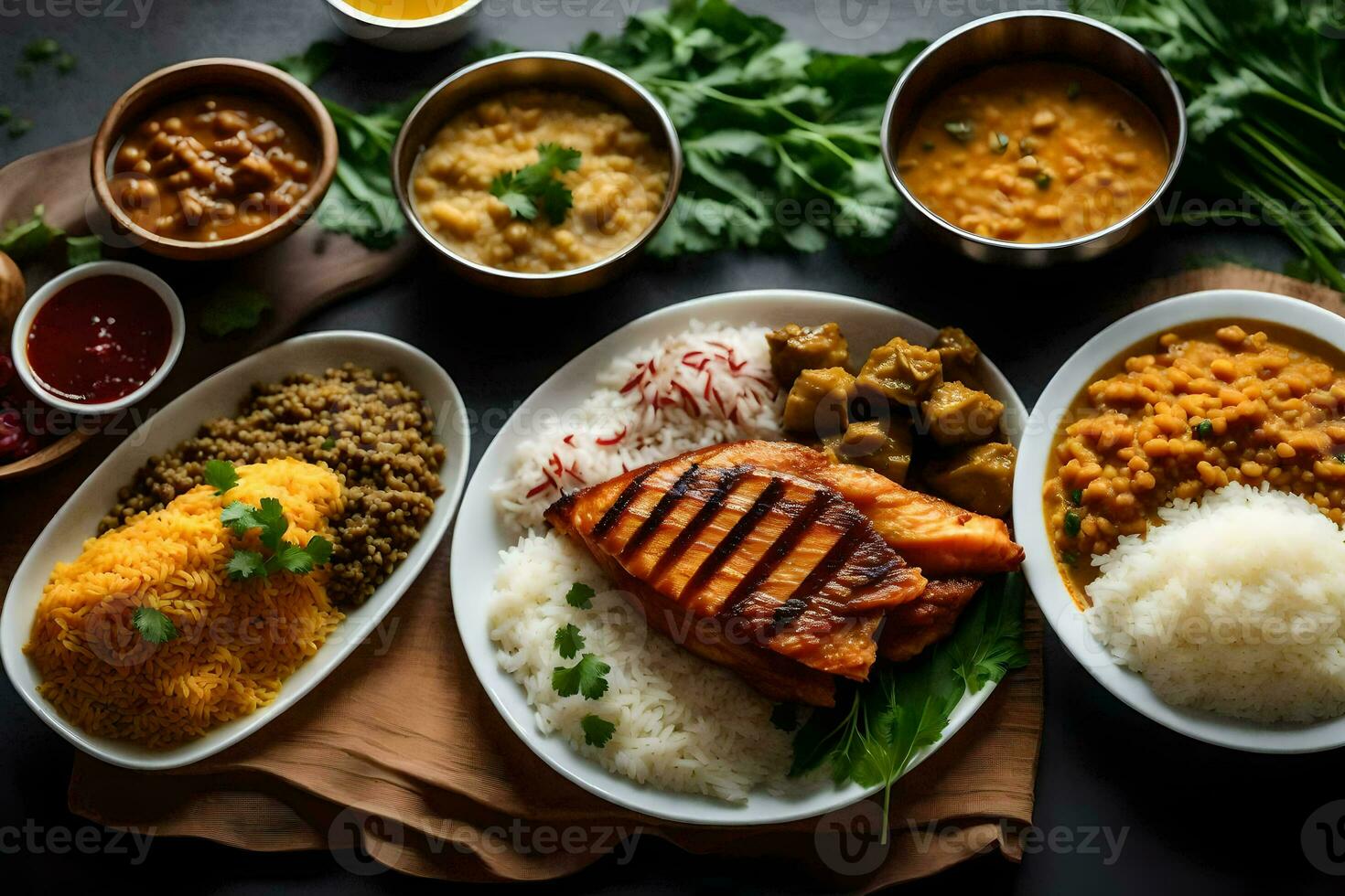 indio comida es servido en bochas y bochas. generado por ai foto
