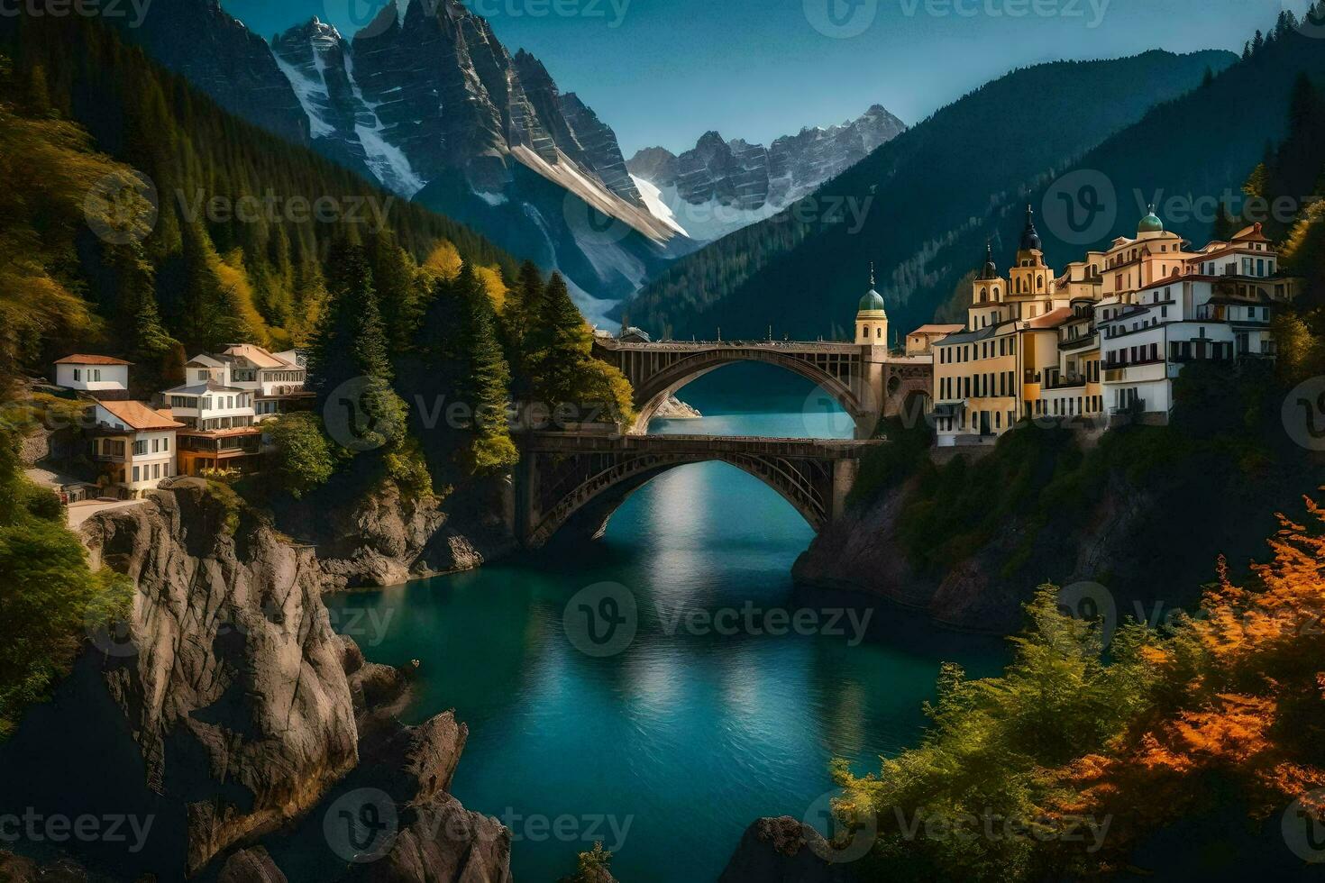 a bridge over a river in the mountains. AI-Generated photo