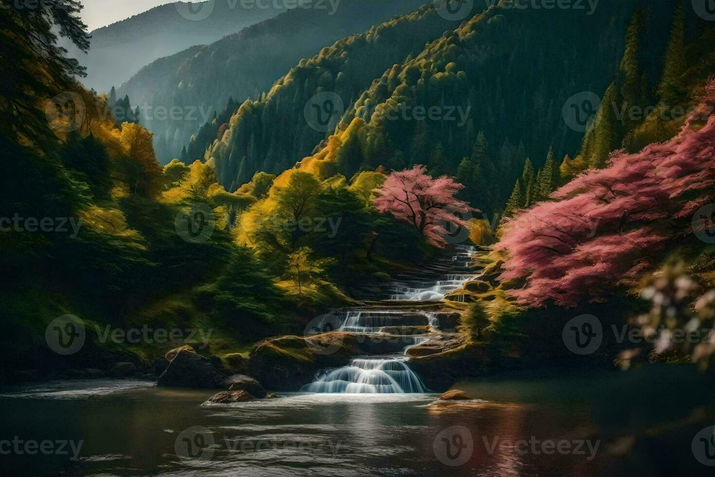 a waterfall in the middle of a forest with pink trees. AI-Generated photo