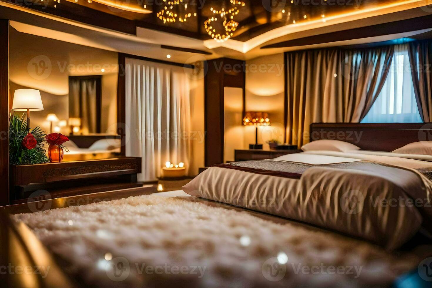 a bedroom with a bed and a mirror. AI-Generated photo