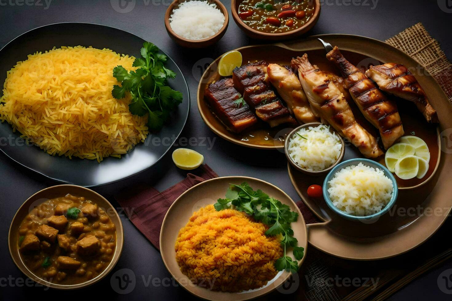 a variety of dishes including rice, chicken and vegetables. AI-Generated photo
