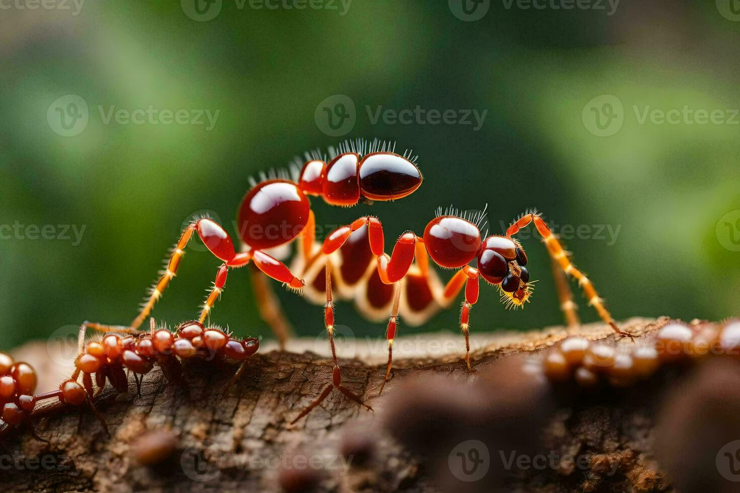 a red ant is standing on top of a log. AI-Generated photo