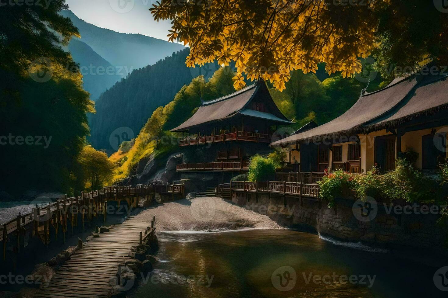 a bridge leads to a chinese temple in the mountains. AI-Generated photo