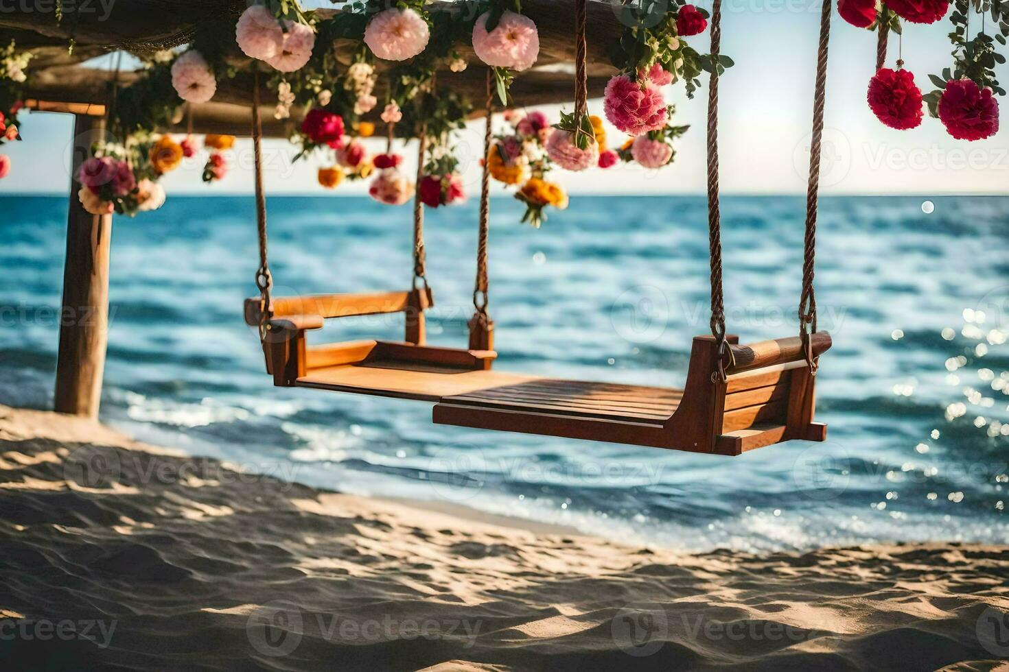 wooden swing on the beach with flowers. AI-Generated photo