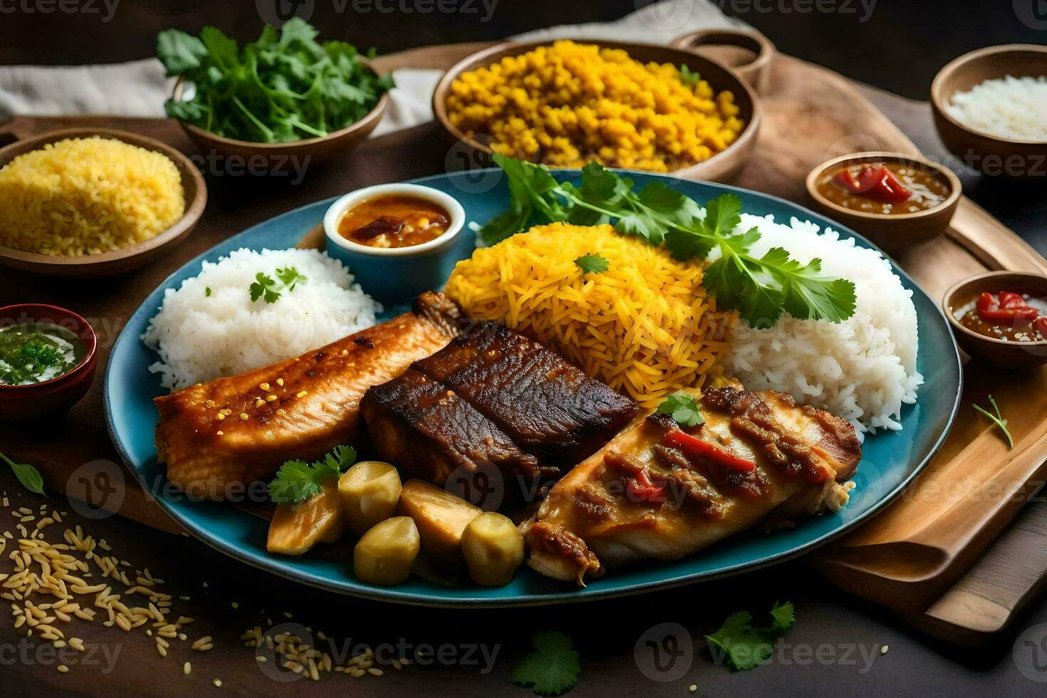 indian food with rice, chicken, and vegetables. AI-Generated photo