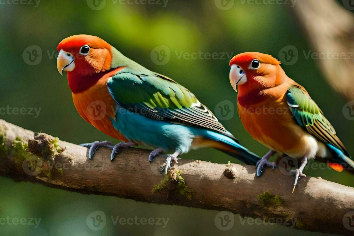 two colorful birds sitting on a branch. AI-Generated photo