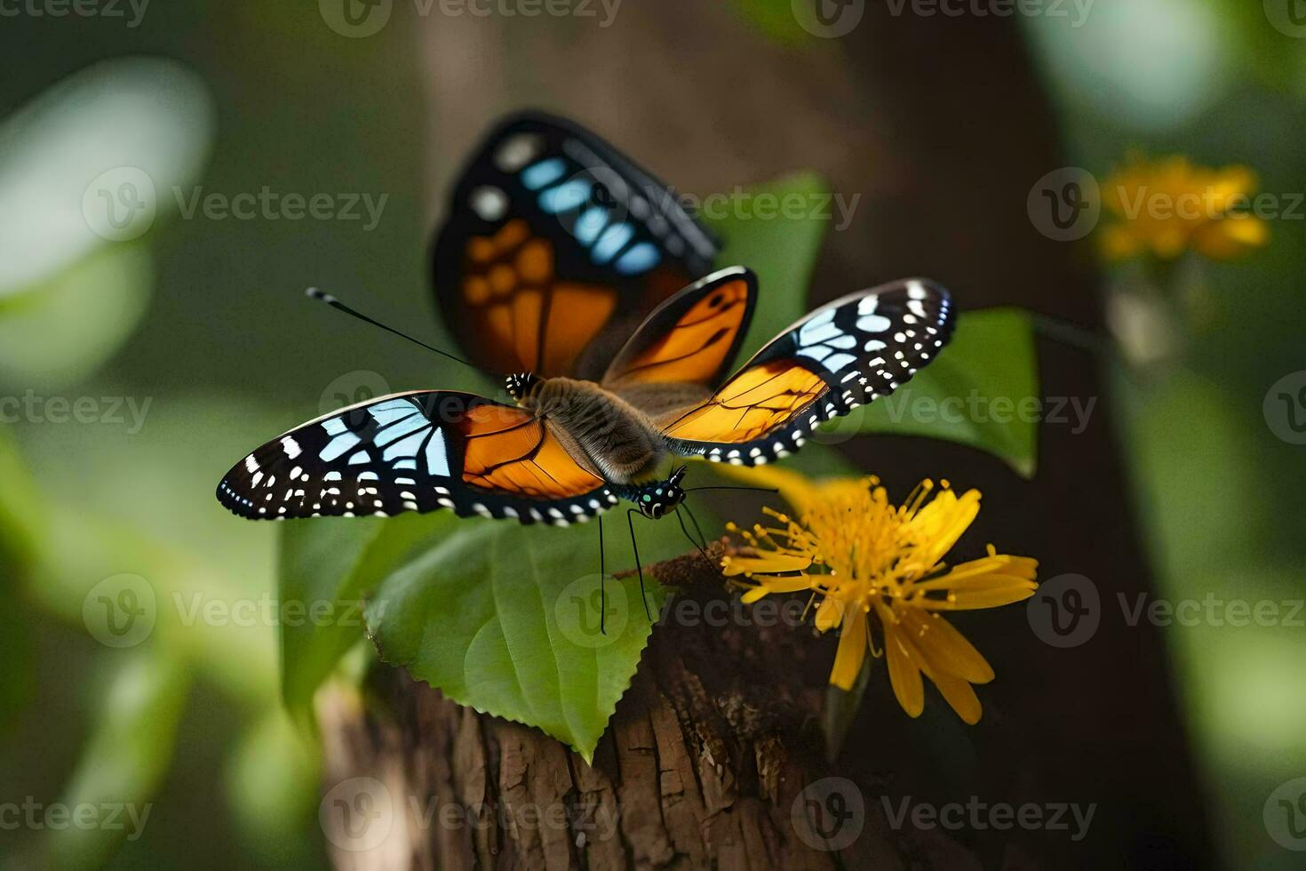a butterfly is sitting on a tree branch with yellow flowers. AI-Generated photo