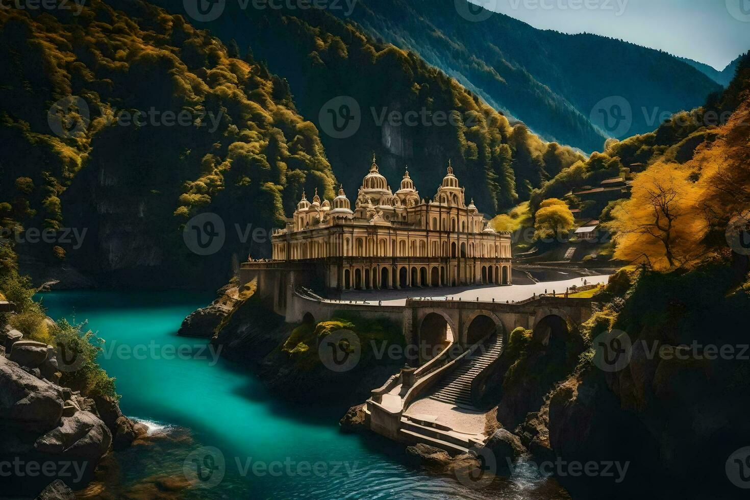 a beautiful church sits on a hill overlooking a river. AI-Generated photo