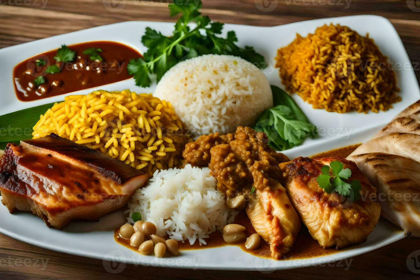 a plate of food with rice, chicken, and rice. AI-Generated photo