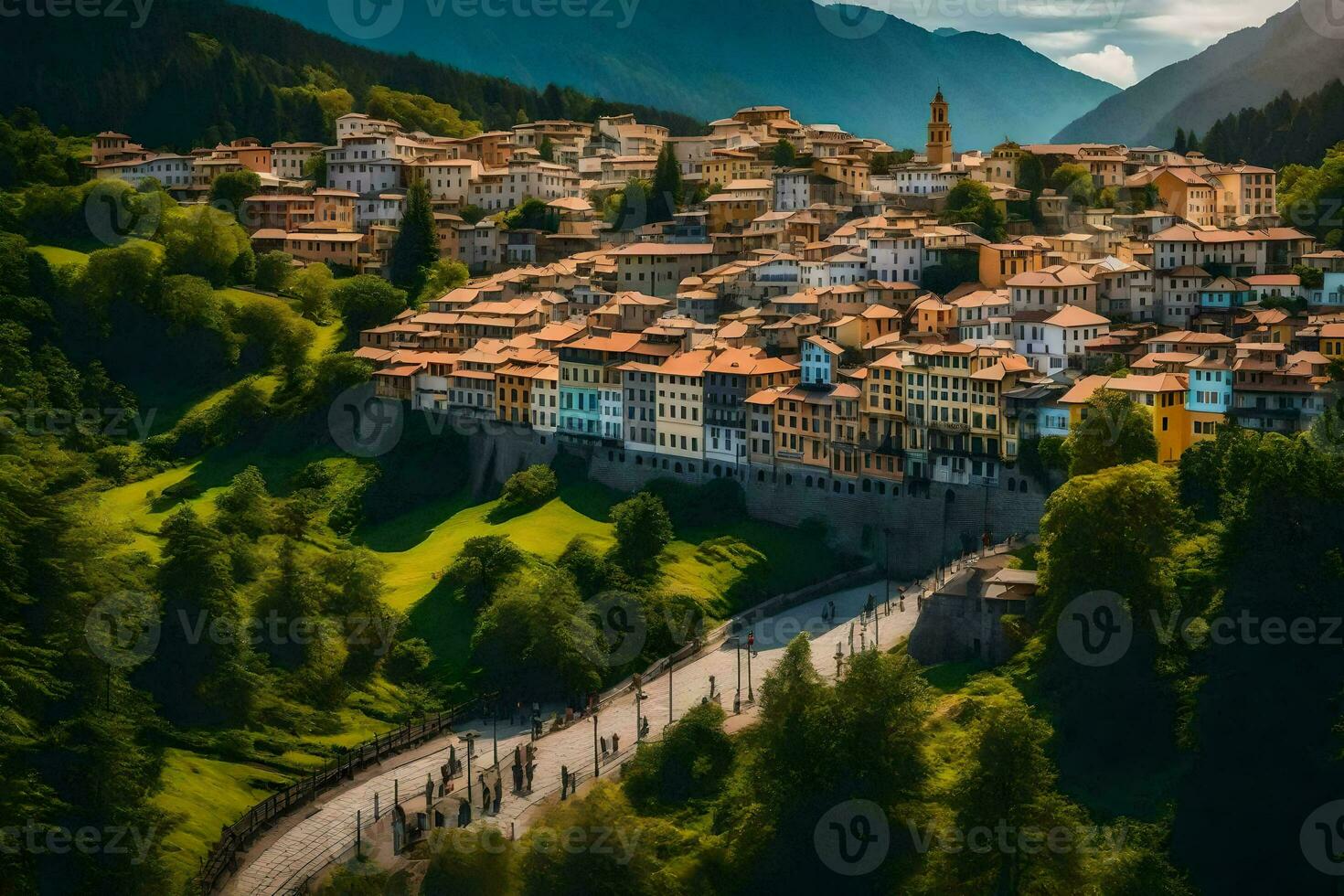 el pueblo de italiano pueblo en el montañas. generado por ai foto