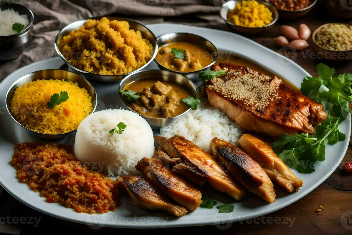 a plate of food with rice, meat and vegetables. AI-Generated photo
