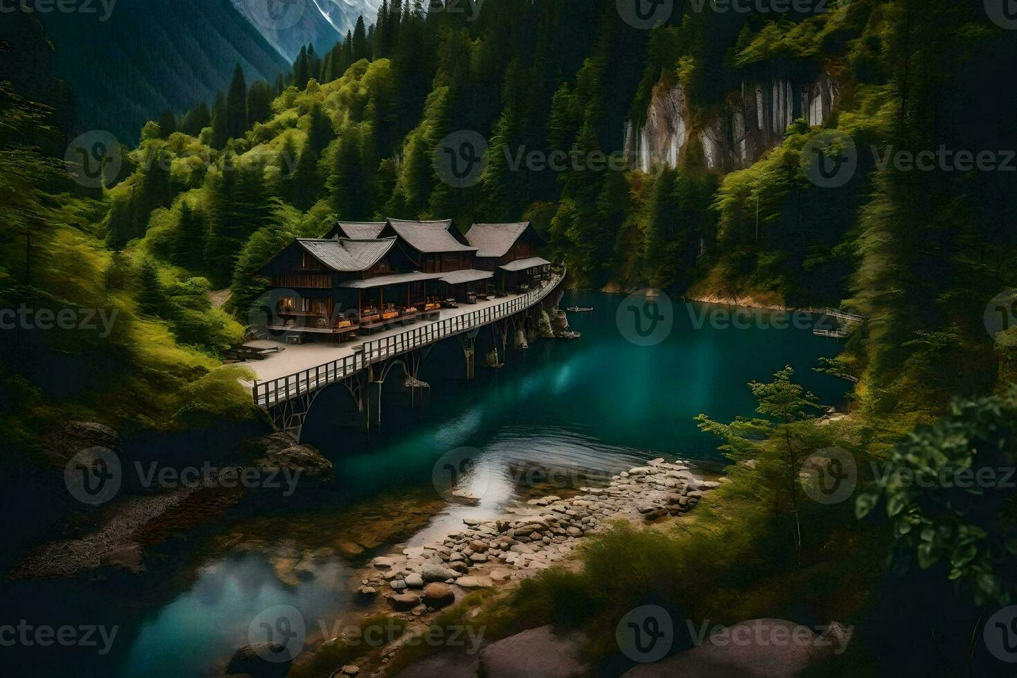 a house sits on a bridge over a river in the mountains. AI-Generated photo