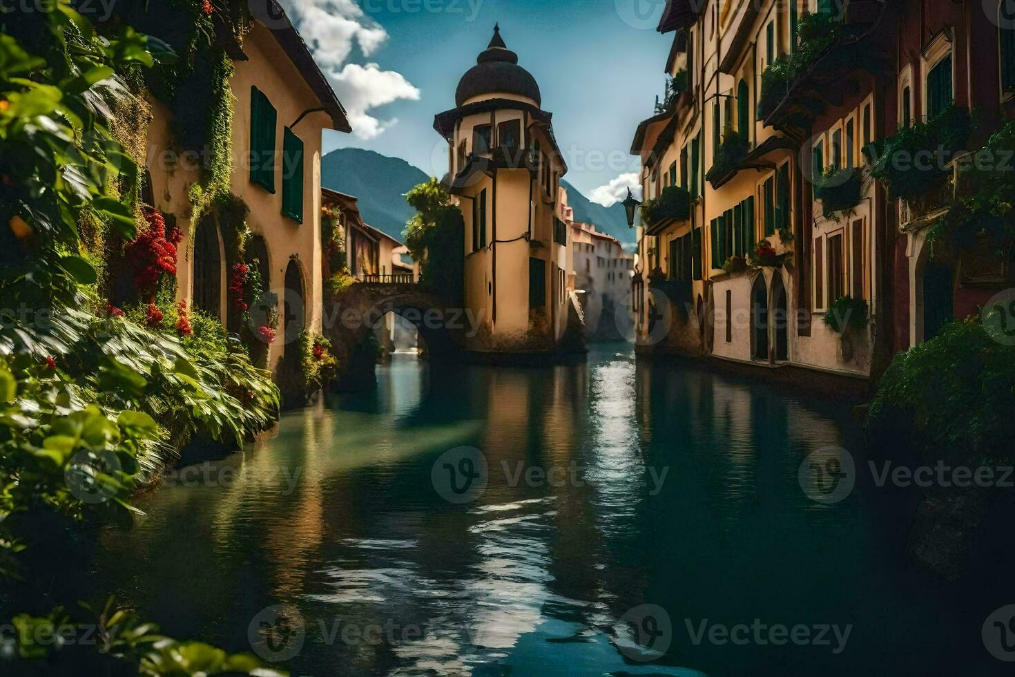 a canal in the middle of a town with buildings. AI-Generated photo