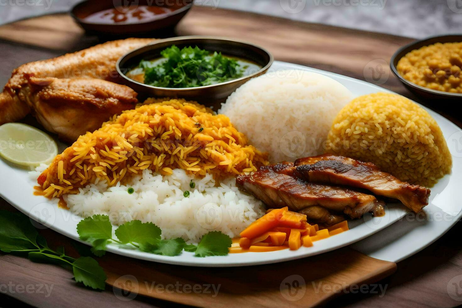 a plate of food with rice, meat and vegetables. AI-Generated photo