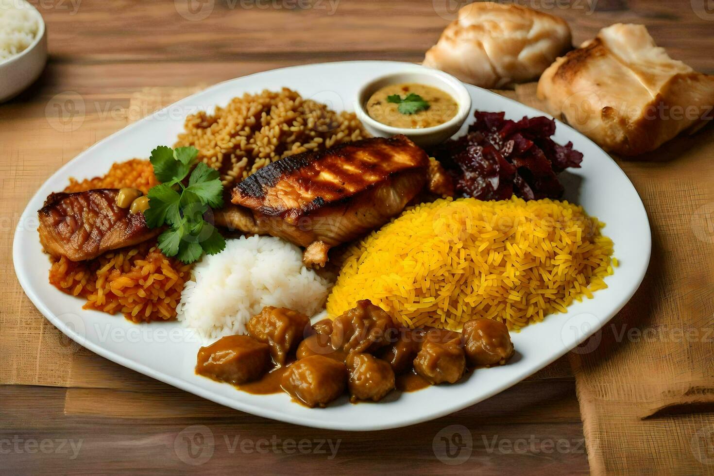 a plate of food with rice, chicken, and rice. AI-Generated photo