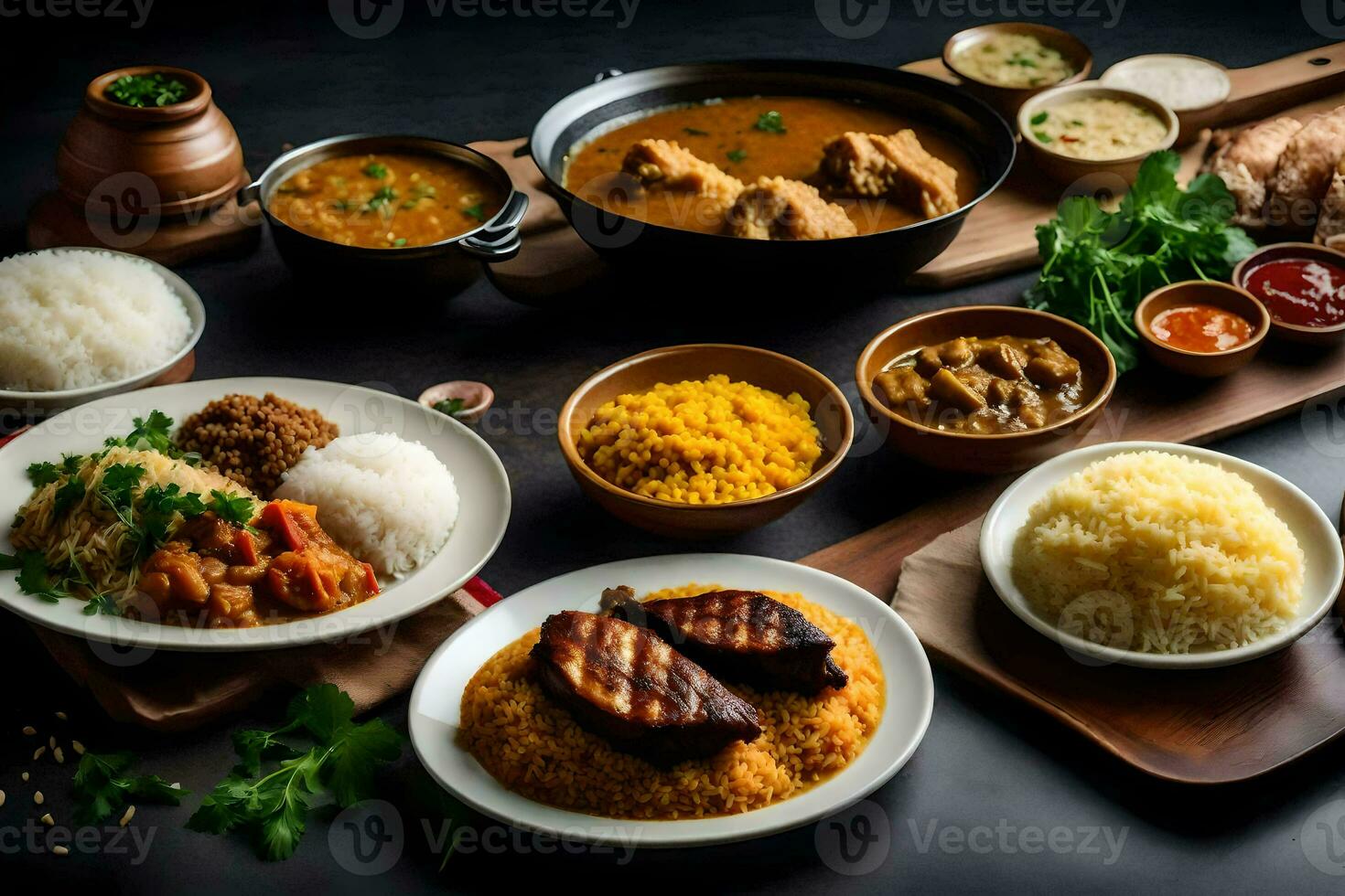 a variety of dishes are arranged on a table. AI-Generated photo