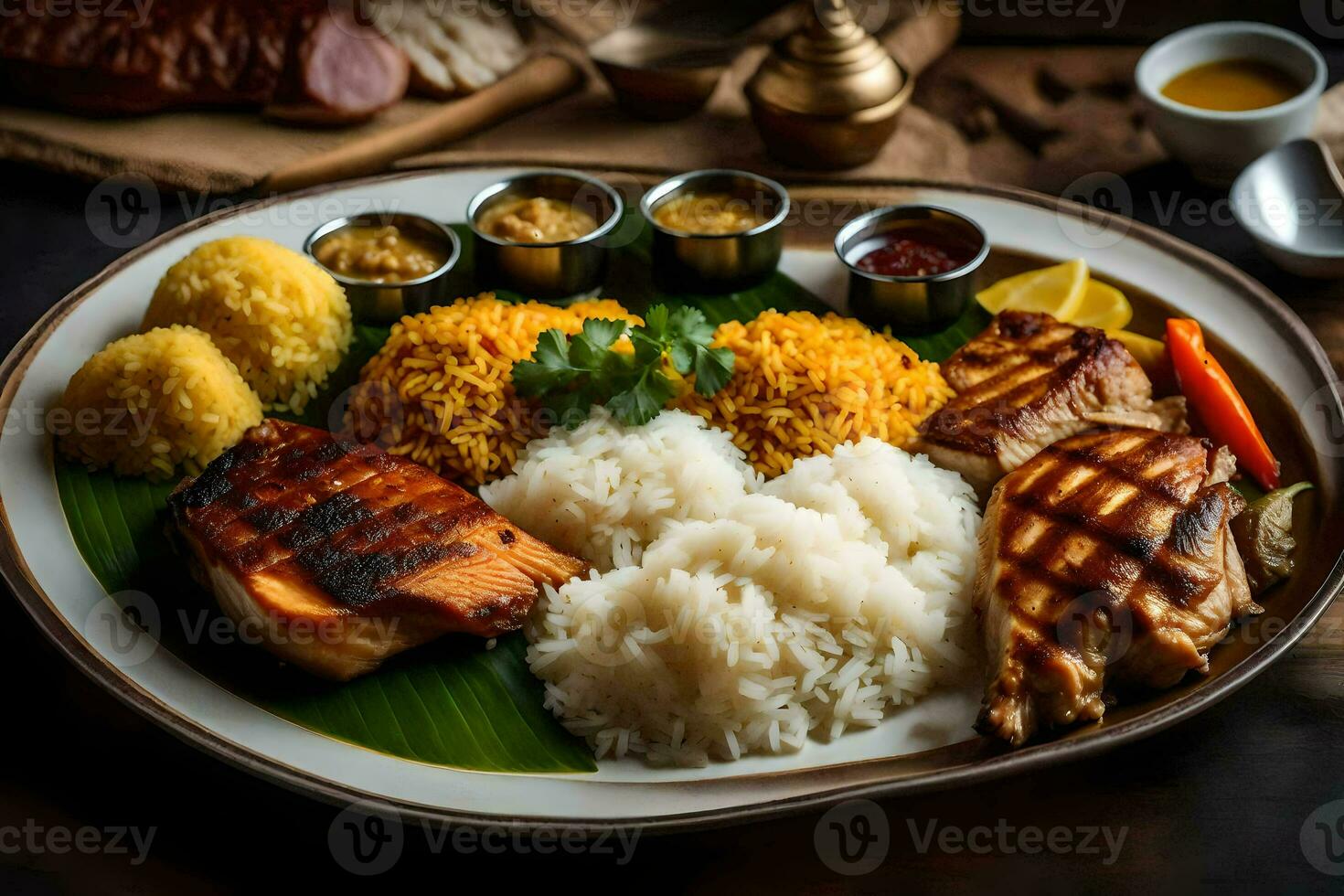 the food is served on a plate with rice, chicken, and vegetables. AI-Generated photo