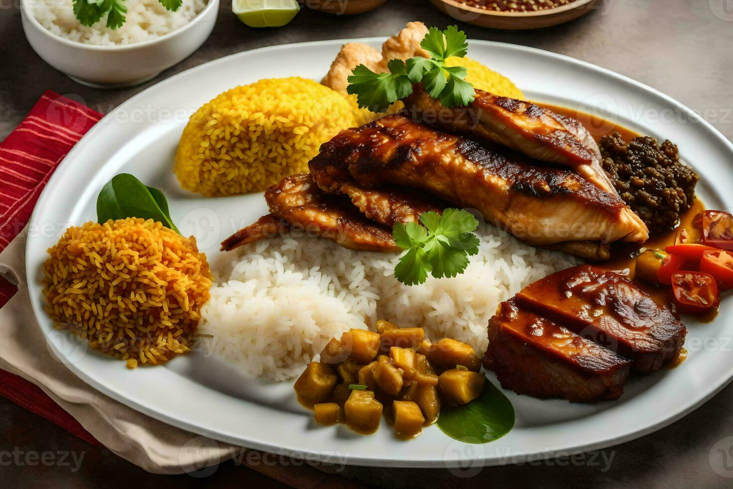 el comida es servido en un plato con arroz, frijoles, pollo, arroz y vegetales. generado por ai foto