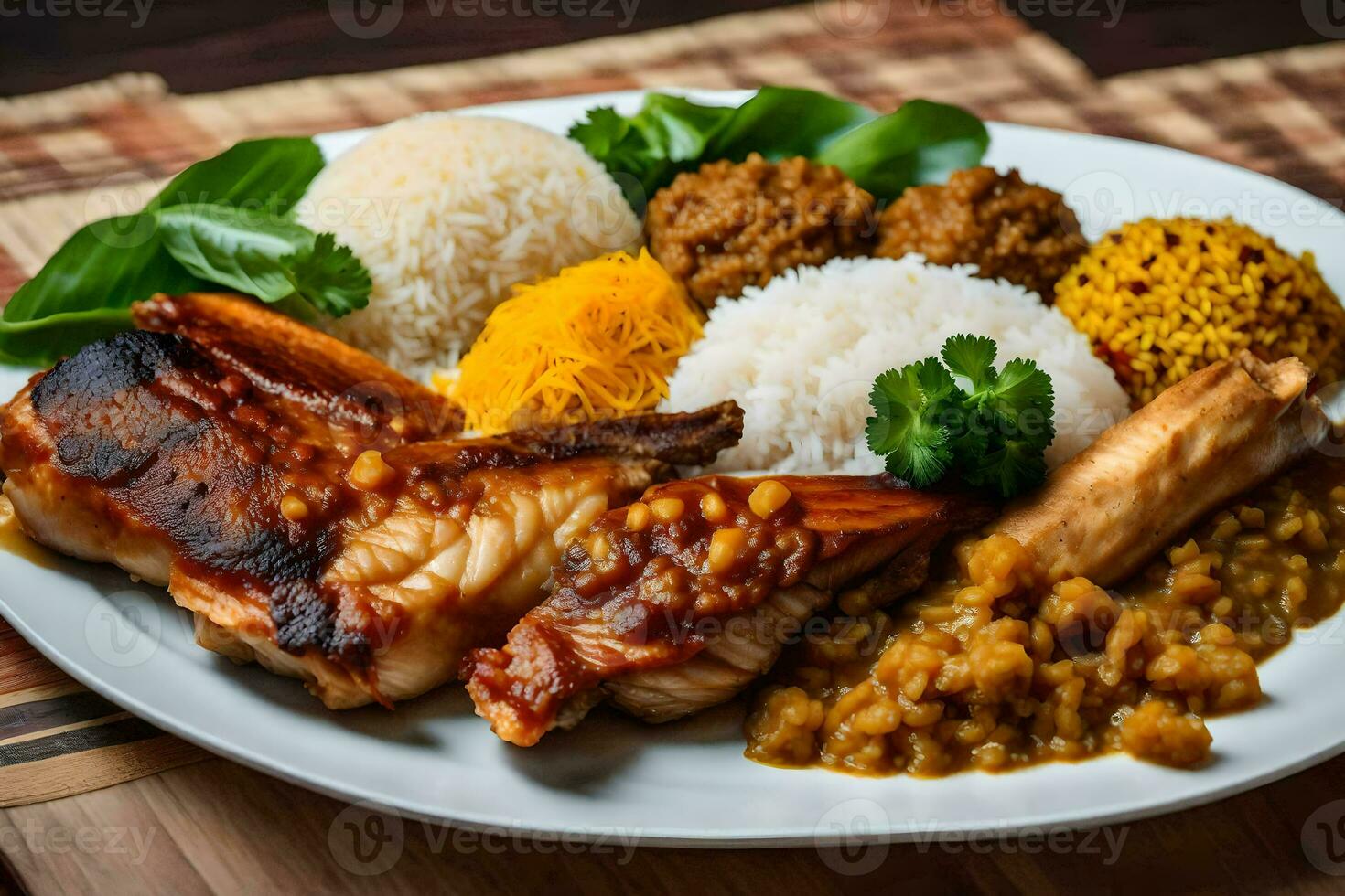 un plato de comida con arroz, carne y vegetales. generado por ai foto