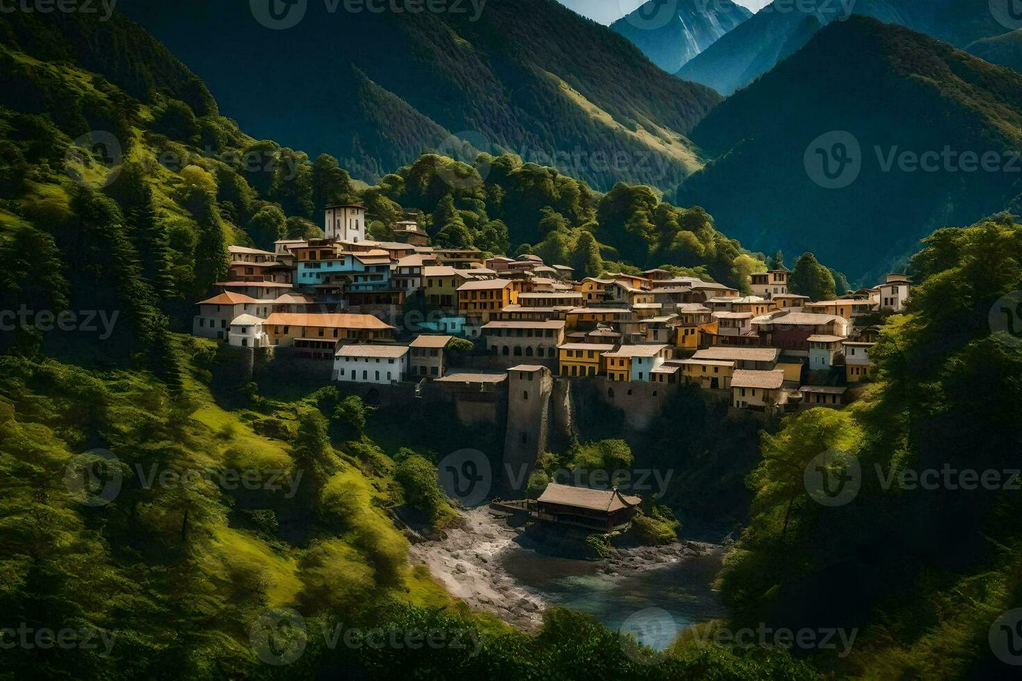 a village in the mountains with a river. AI-Generated photo