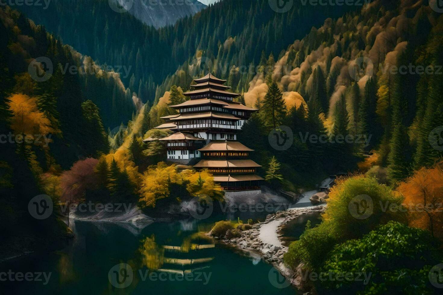a pagoda sits on the edge of a lake surrounded by trees. AI-Generated photo