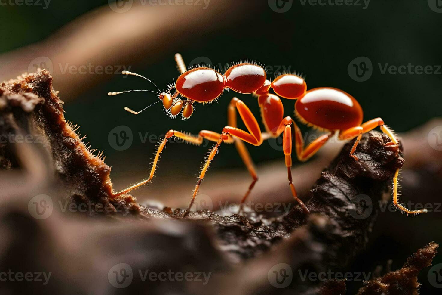 un rojo hormiga es caminando en un rama. generado por ai foto