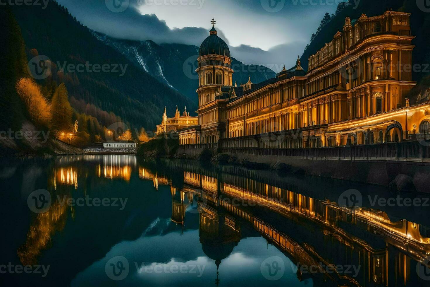 a beautiful building sits on the side of a river. AI-Generated photo