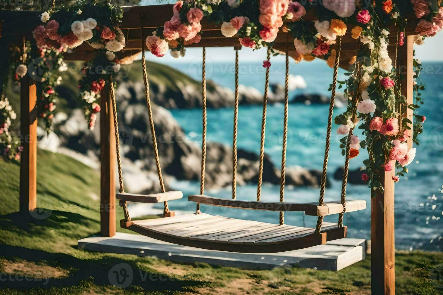 a swing with flowers on the beach. AI-Generated photo