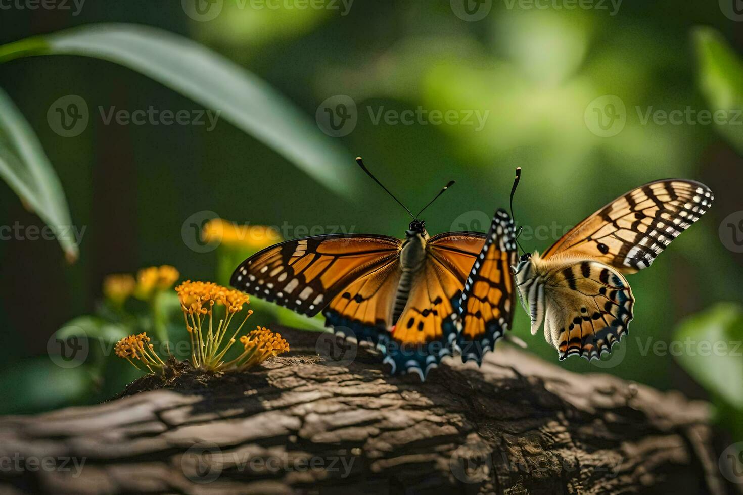 two butterflies are sitting on a log. AI-Generated photo