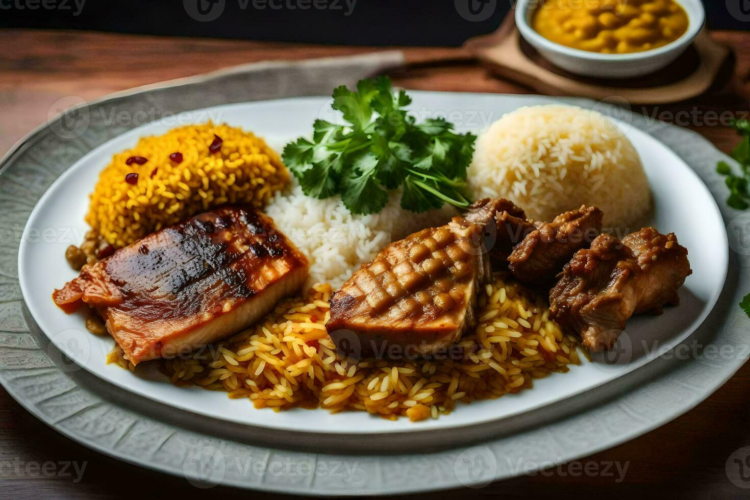 the food is served on a plate with rice and meat. AI-Generated photo