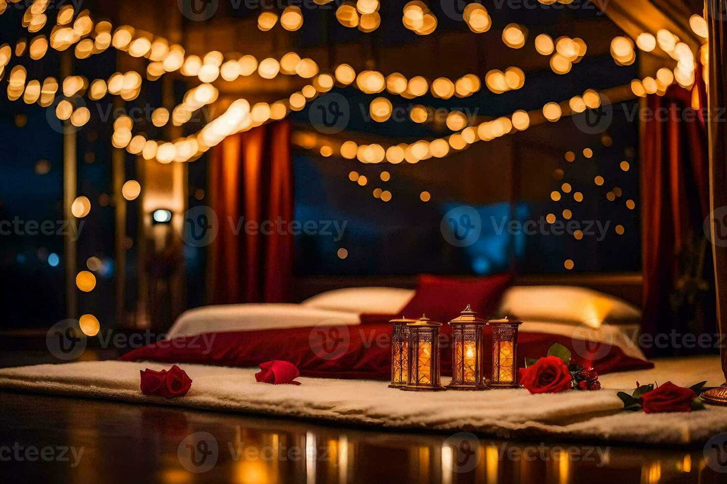 romántico dormitorio con velas y rojo rosas. generado por ai foto