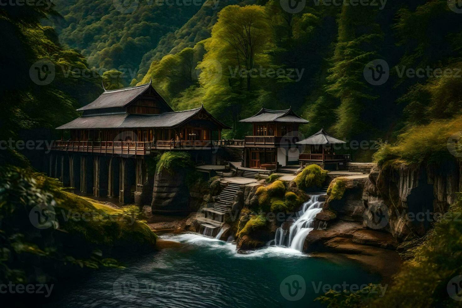 a waterfall and a pagoda in the woods. AI-Generated photo